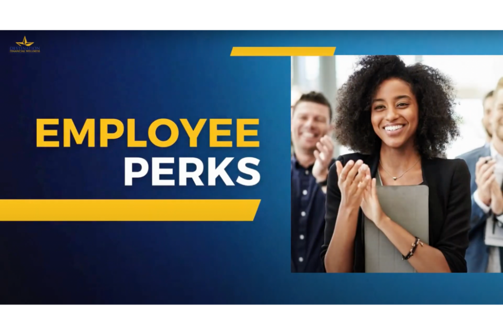 Yellow and white Employee Perks on blue background