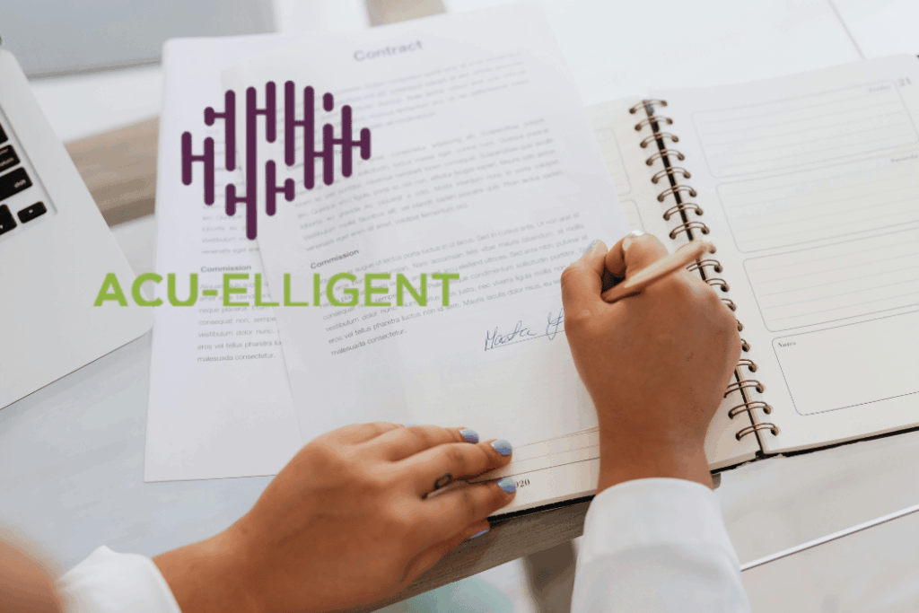 Black woman's hands filling out a government contract with the Acu-Elligent logo above