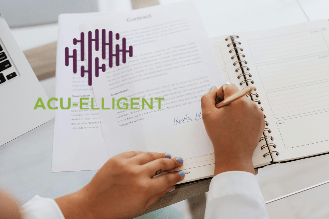 Black woman's hands filling out a government contract with the Acu-Elligent logo above