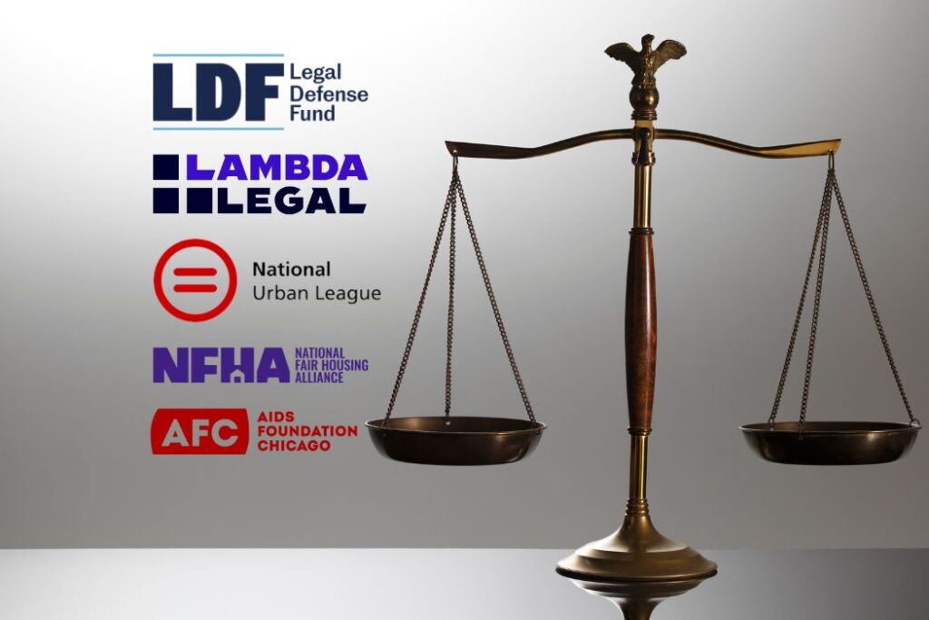 Scales of justice with logos of LDF, Lambda Legal, National Urban League, National Fair Housing Alliance, and AIDS Foundation of Chicago