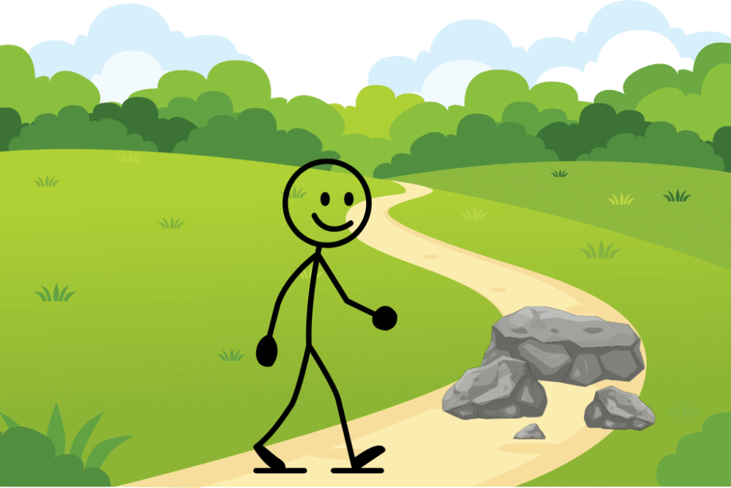 cartoon man walking along path with rocks