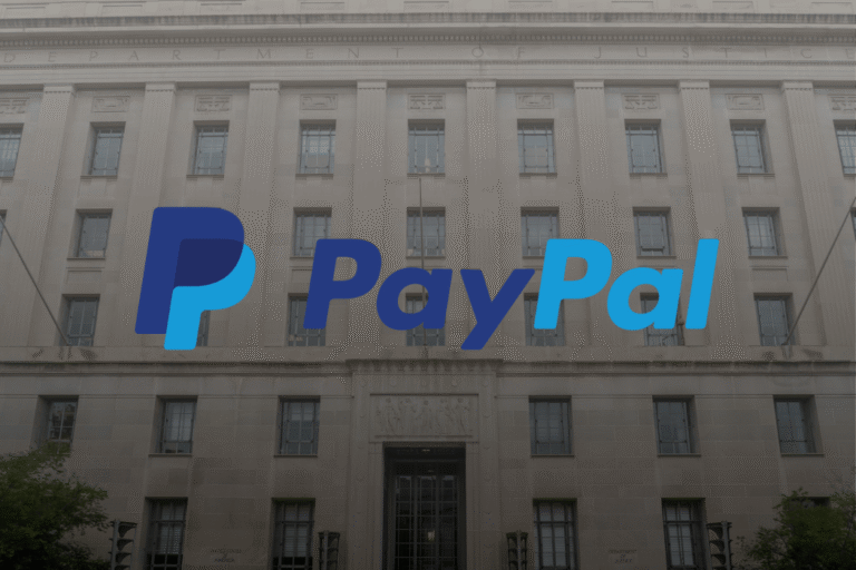Department of Justice in background with Paypal logo superimposed