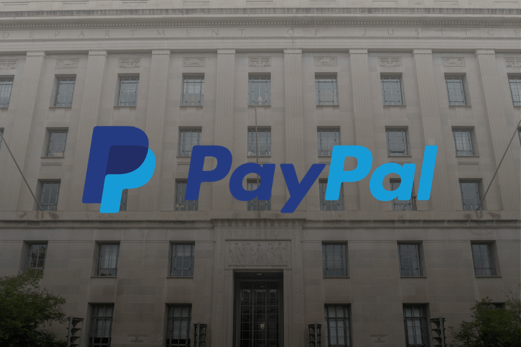 Department of Justice in background with Paypal logo superimposed