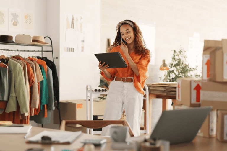 Woman holding tablet taking her business inventory