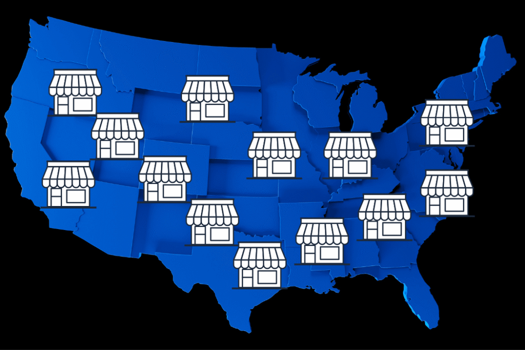 Blue U.S. map with small businesses on it