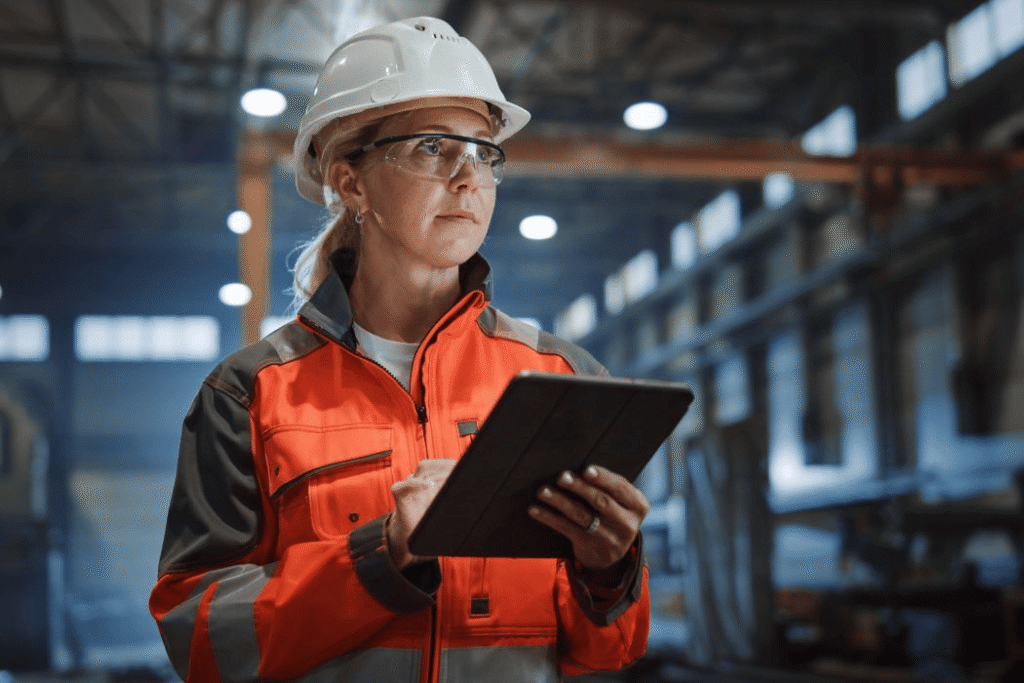 Woman in manufacturing orange vest and hard hat holding a clipboard