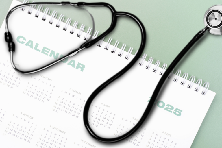 Desk setup with calendar and stethoscope — symbolizing mid-year reflection