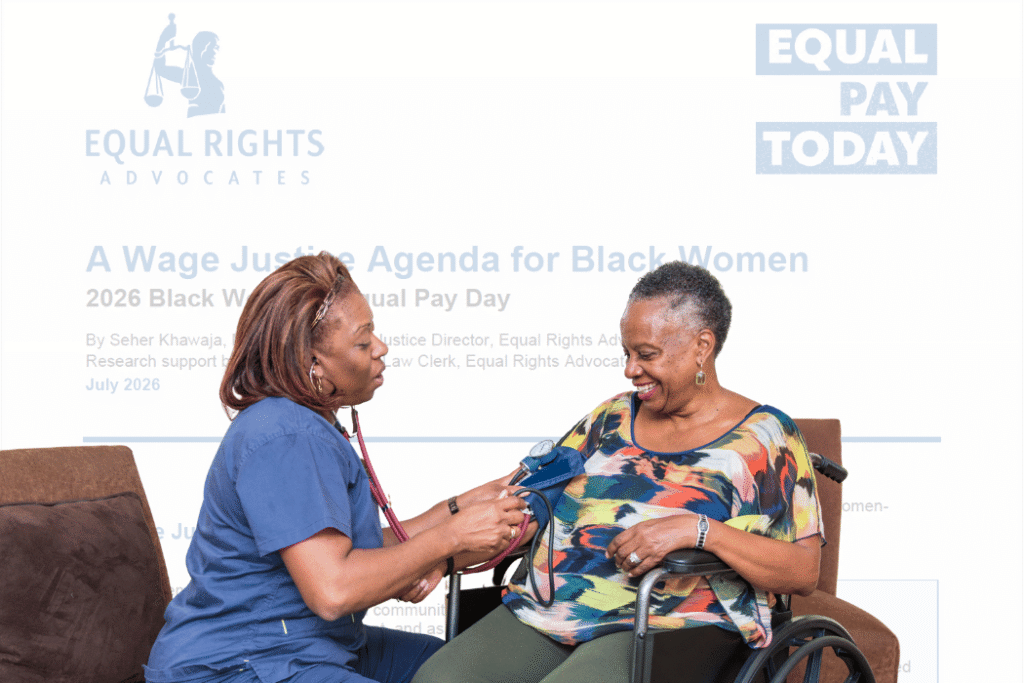 Black woman checking elderly patient's blood pressure