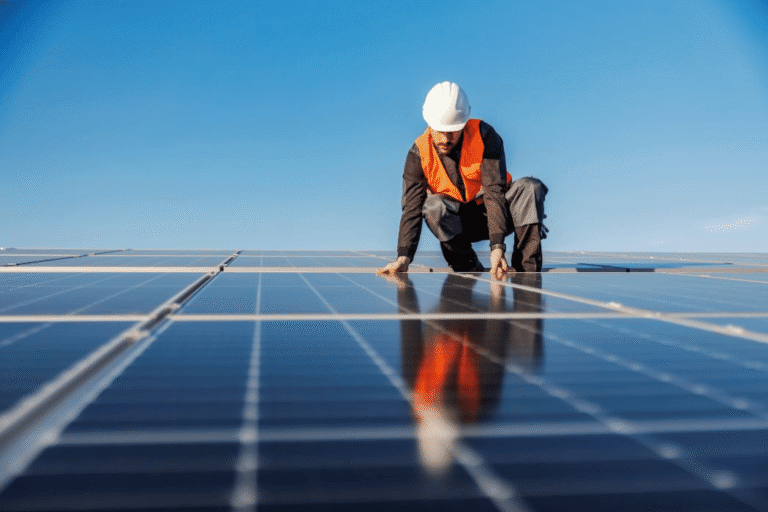Man working on top of solar panel roof