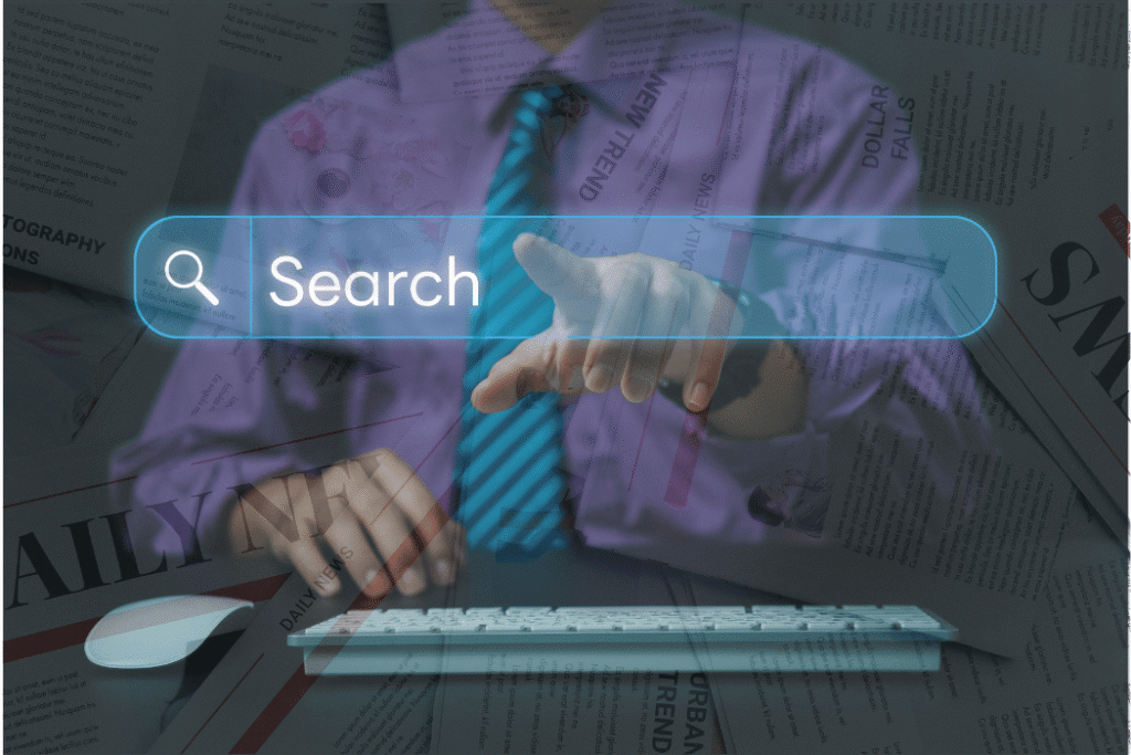 Man typing AI search with newspapers in background