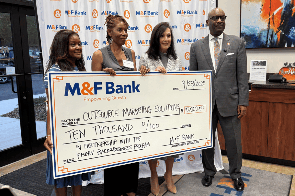 M&F Bank, North Carolina’s only Community Development Financial Institution (CDFI) and minority-owned bank, awarded a $10,000 grant to Greensboro business owner Nandrea Ward, founder of Outsource Marketing Solutions.