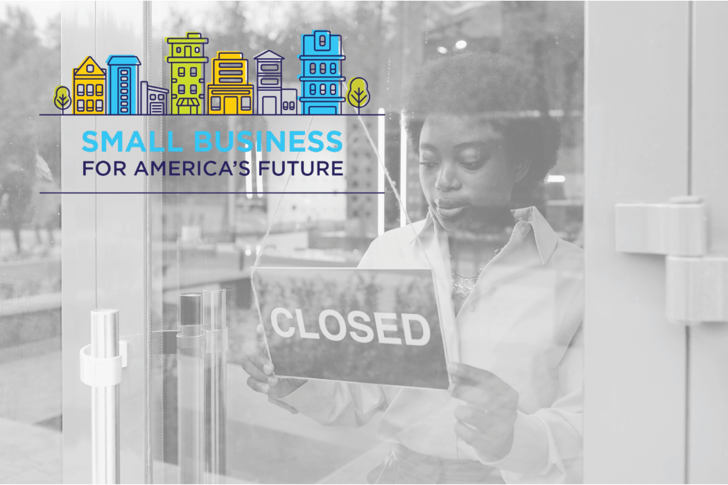 small business for america's future logo over photo of black woman closing her business door