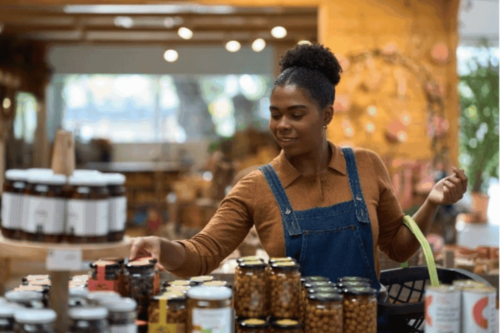 Black woman in a store setting up eco-friendly products