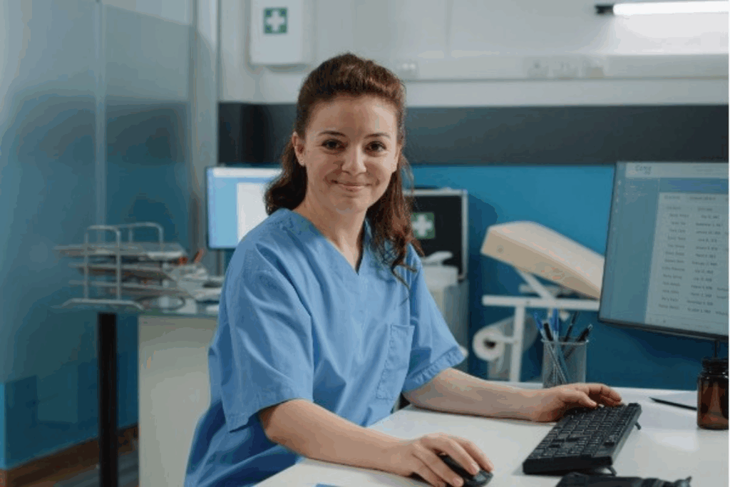 A nurse smiling at the camera and sitting at a desk using a computer