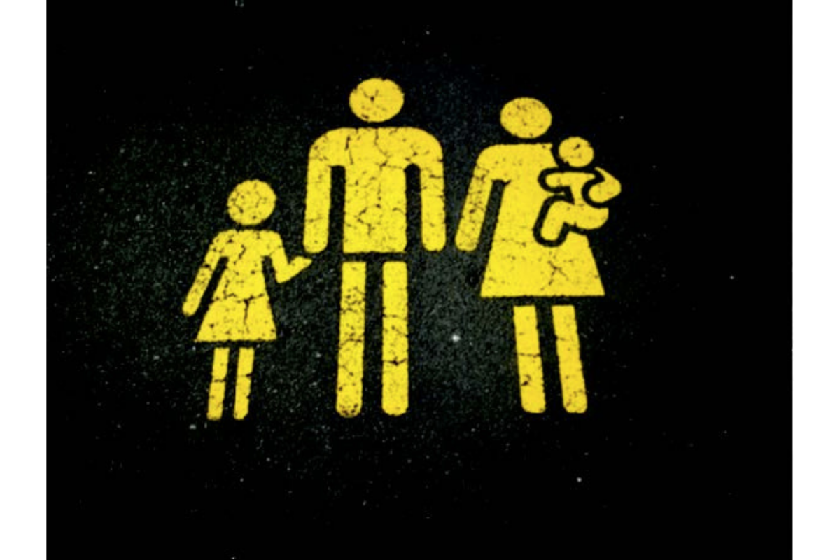 Yellow silhouettes of man, woman, and two children on black background